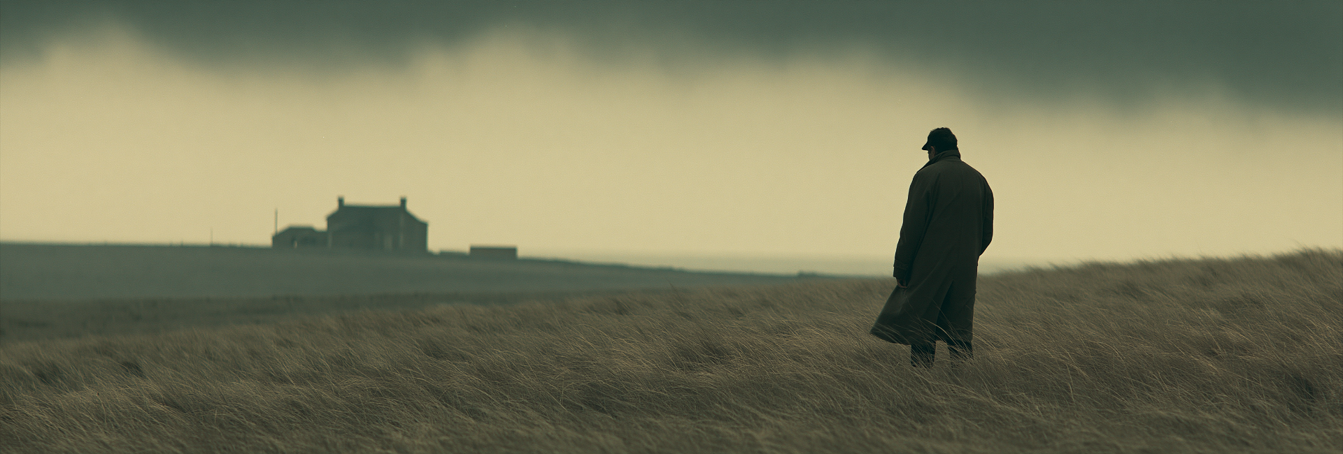 Lone figure in windswept paddock with farmhouse on the horizon