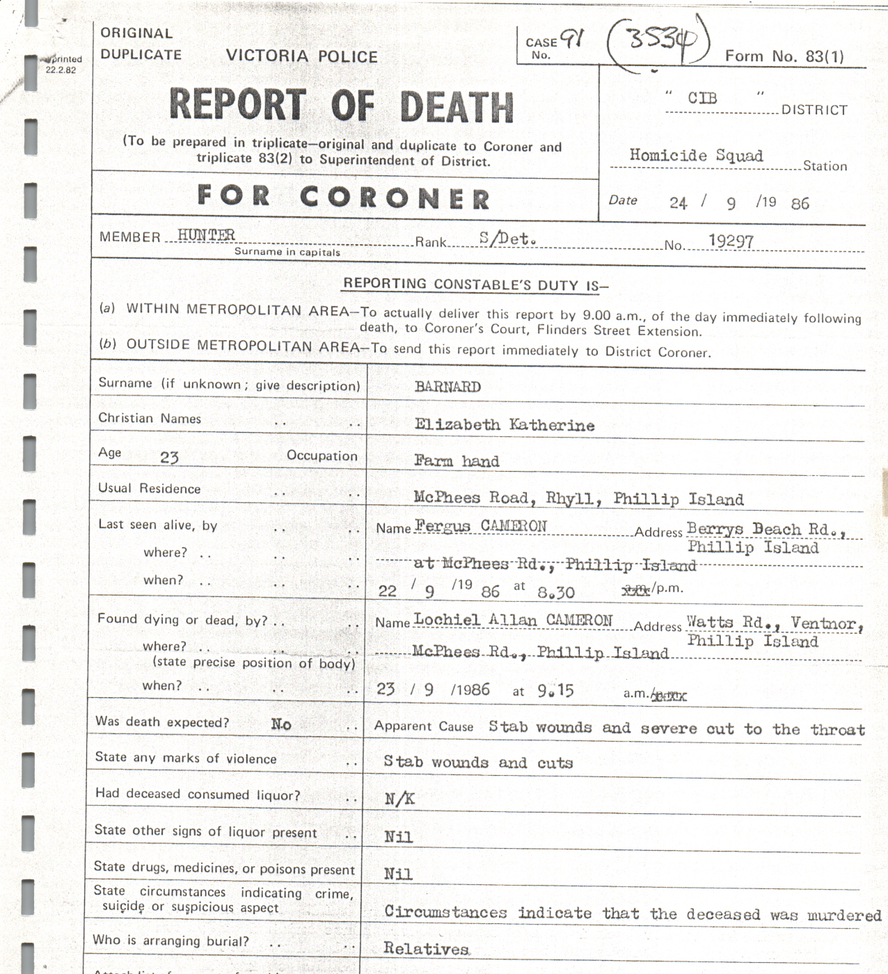 Victoria Police Report of Death · Elizabeth Katherine Barnard · 24.09.1986